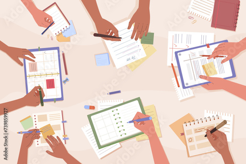 top view writing. office desk top view, Hands making note, Effective time management, holding pen and writing down goals planning and organization. vector cartoon concept background.