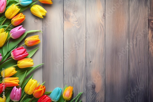 Fresh multicolored tulips on wooden background. Bouquet of spring flowers. Holiday concept.