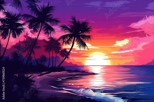 Tropical Sunset Splendor with Silhouetted Palms by the Ocean - Generative AI