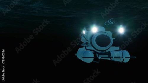 A close-up view of an underwater remote-controlled Search and Rescue submarine scanning the ocean beneath the surface.