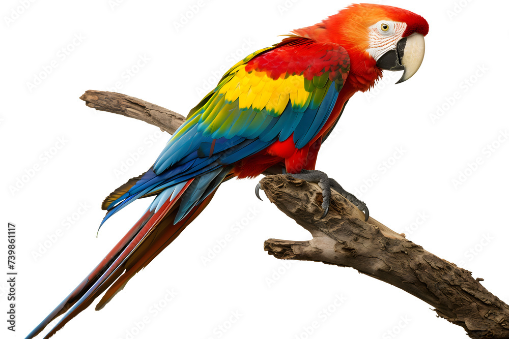 Naklejka premium Vibrant Scarlet Macaw Parrot Perched on Branch - Isolated on White Background 