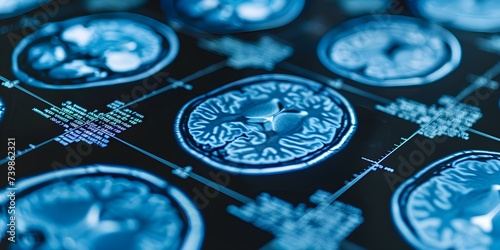 Cuttingedge blue medical imaging tech scans brain for research and diagnostics. Concept Medical Imaging Technology, Brain Scans, Research, Diagnostics, Blue Color Palette photo