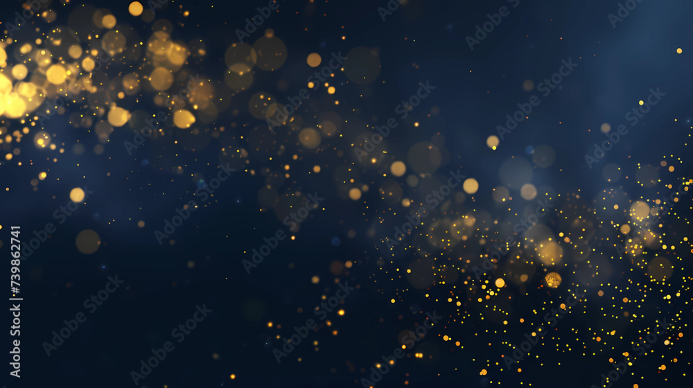 abstract background with Dark blue and gold particle. Christmas Golden light shine particles bokeh on navy blue background. Gold foil texture. Holiday concept. 