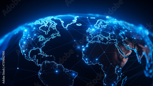 Digital world map with glowing connections image background. Global network close up picture. Communication links across continents closeup photo backdrop. Cyber connectivity concept
