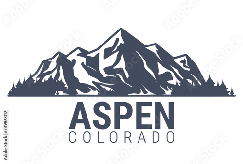 Aspen, Colorado ski resort emblem, snow covered mountains range, vector photo