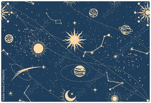 Seamless mystic space pattern, cosmos background in tarot style, astrology magic sky with planets and stars, vector