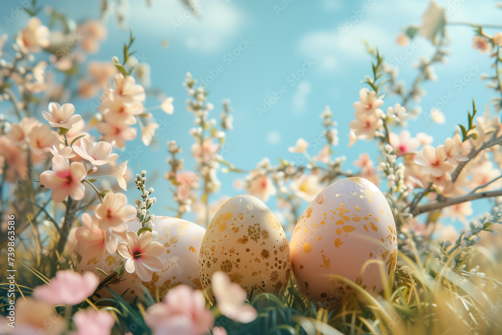 Easter eggs with spring flowers on fresh green Grass. happy Easter. congratulation Easter background
