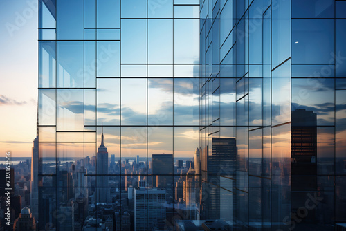 City is captured from the top of a towering building. Modern corporate skyscrapers create a geometric perspective thatshowcases the urban landscape below. Abstract background 