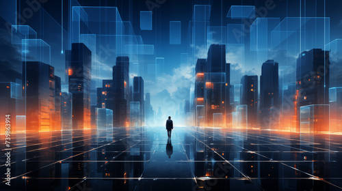 Silhouette of person against futuristic cityscape background image. Transparent digital blueprints  fiery glows desktop wallpaper picture. Future skyline photo backdrop. Tech concept