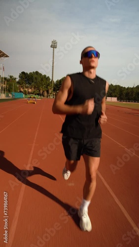 Vertical video of young athlete running on athletics track along a lane. Copy space for text. Concept of sport and perseverance.