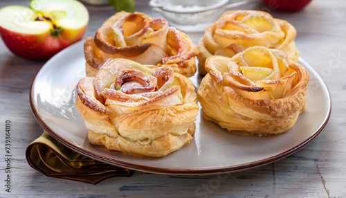 Delicious and beautiful apple rose puff pastries with milk cream; selective focus