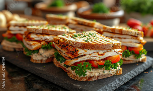 Artisan Flavor: Whole Grain Sandwiches, Chicken with Brown Rice and Hummus on Pita, Visual Representation of an Excellent Blend of Flavors and Fresh Ingredients.