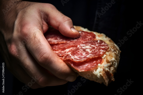 Rough male worker's hand holds salami sandwich. Snack or lunch at work. Close-up AI Generative