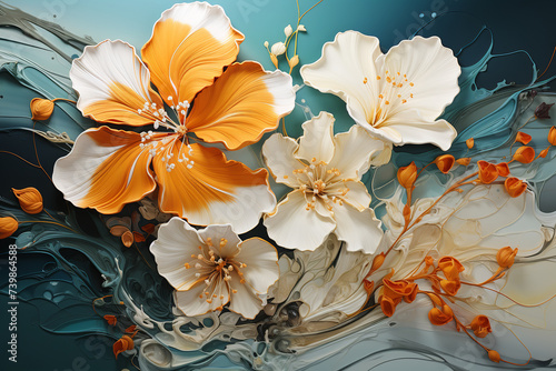 watercolor flowers of blue  orange  and white splashes in water  fluid acrylics  psychedelic artwork