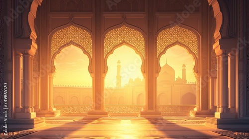 A close-up view of elegant Arabian arches. Ramadan Kareem background with mosque arch. Islamic greeting Eid Mubarak cards for Muslim Holidays festival celebration. © petrrgoskov