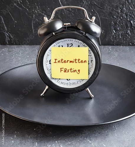 Clock on empty black food plate with sticky note written INTERMITTEN FASTING, eating plan that switches between fasting and eating on regular schedule, eat only for a set of time photo