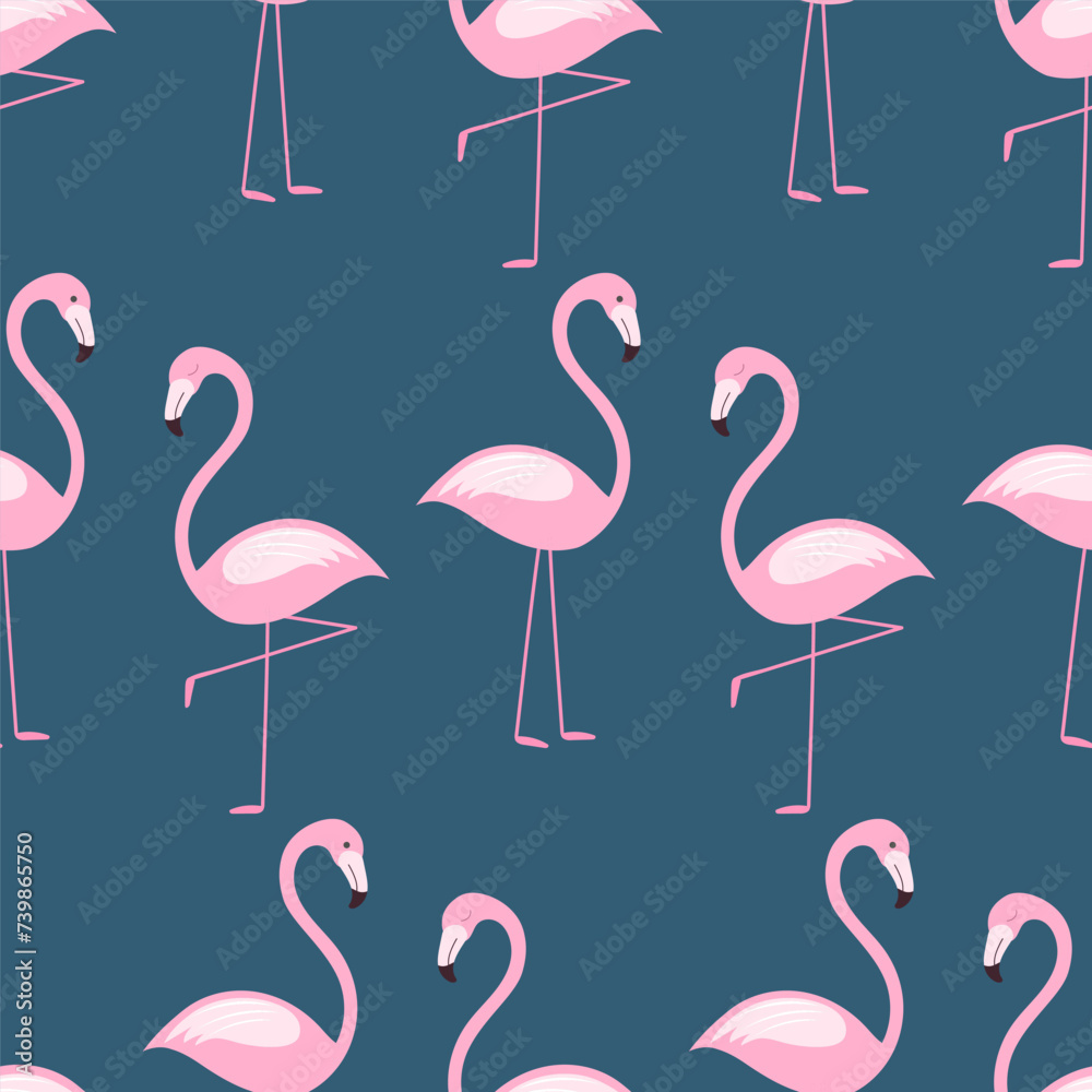 Fototapeta premium Seamless background with pink flamingo birds. summer pattern