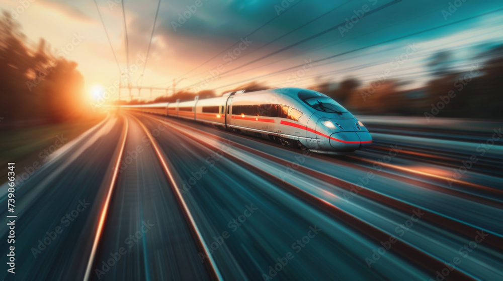 High-speed bullet train Сutting edge technology innovation enabled the development of fast and efficient rail transportation which is increasingly becoming a popular alternative to air and road travel - obrazy, fototapety, plakaty 