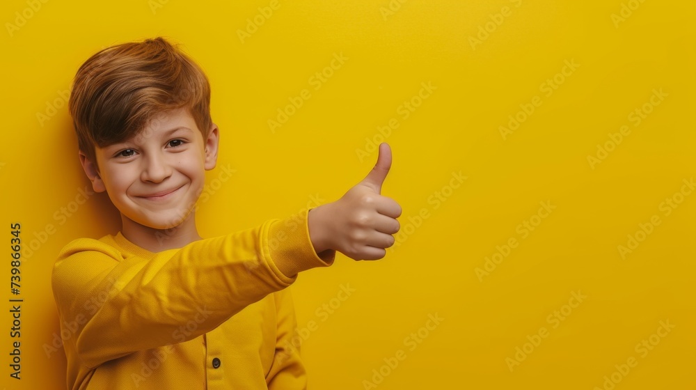 Cropped portrait of a smiling young boy showing thumb up isolated over yellow background Cropped portrait of a smiling young boy showing thumb up isolated over yellow background
