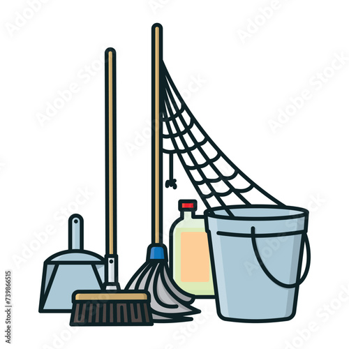 Cleaning equipment with cob web isolated vector illustration