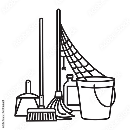 Cleaning equipment with cob web vector line icon for No Housework Day on April 7