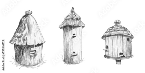 Wooden hives. Hand drawn sketch beekeeping, honey, bees