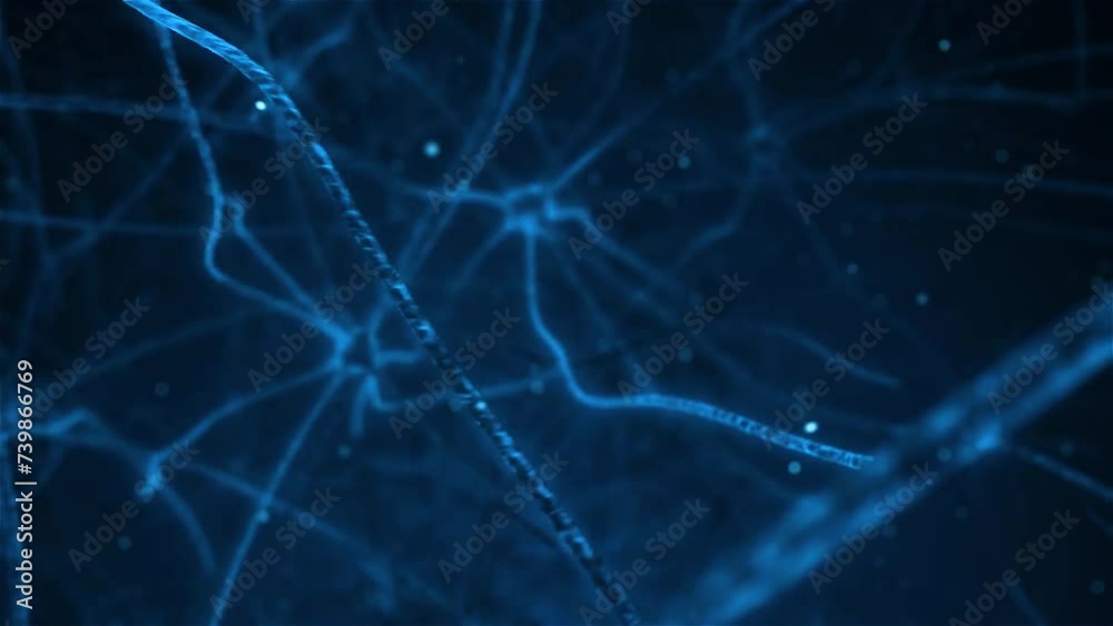 Neuronal activity in the brain with glowing links. Blue Electricity in the brain synapses.