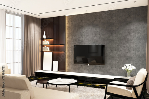 Modern contemporary living room with frame mock up on the wall. Design 3d rendering of black and dark woods. Design print for illustration, presentation, mock up, interior, zoom, background. Set 15