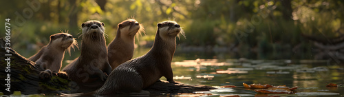 Otter family at the bank of the forest river with setting sun shining. Group of wild animals in nature. Horizontal, banner. © linda_vostrovska