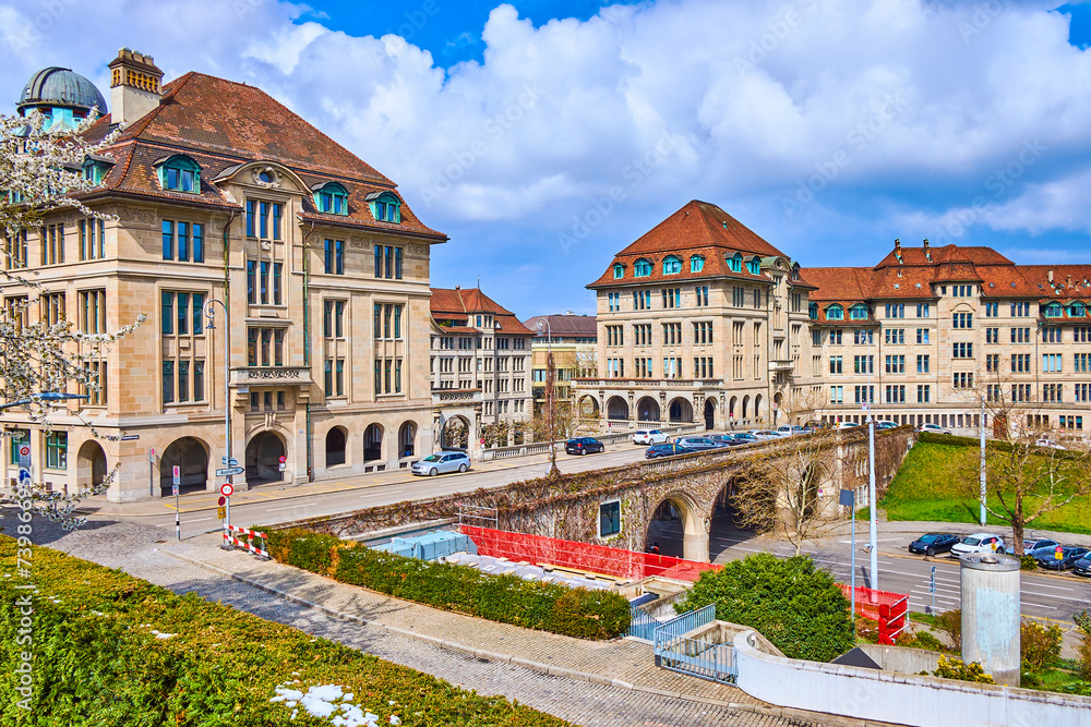 Ensemble of historic buildings on Lindenhofstrasse in Zurich, Switzerland