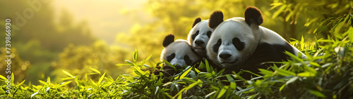 Panda bear family at the rain forest with setting sun shining. Group of wild animals in nature. Horizontal, banner.
