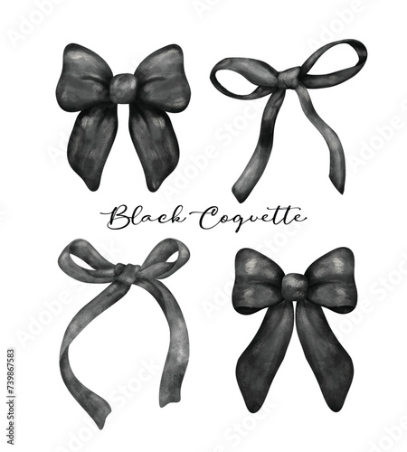 Black coquette ribbon bow set, aesthetic watercolor hand drawing