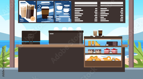 Modern coffee shop in summer beach view, Empty cafe interior, Coffee Bar and counter, Background illustration.