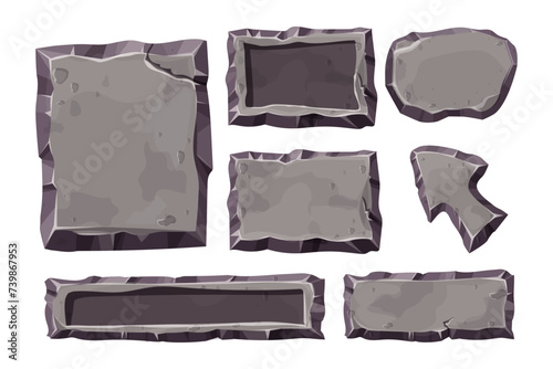 Set stone game menu panels, textured ui frames interface template in comic isolated on white background.