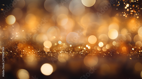 Festive abstract golden background with bokeh defocused glitter lights. Glinting gold specks and radiant hues. Christmas and New Year concept.