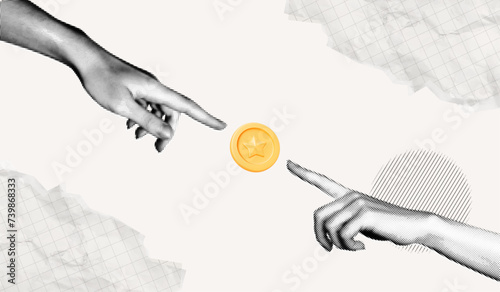 Trendy Halftone Collage Two hands pointing to golden coin. Online payment. Transfer or currency exchange. Teamwork in business. Finance concept. Get cashback or bonus. Contemporary vector art