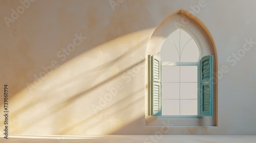 Details of Arabic architecture. Serene 3D scene of an open window with intricate Arabic patterns on beige wall casting warm sunlight. Arab-style open window with sutters photo