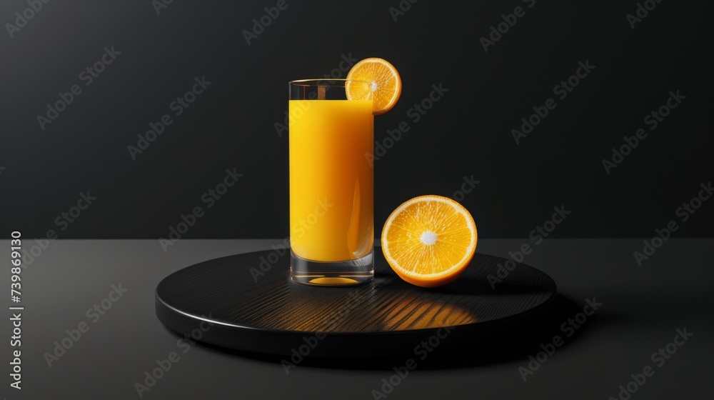 A glass of fresh orange juice on a podium on a black background. Yellow liquid in a glass. A glass of fresh orange juice on a podium on a black background. Yellow liquid in a glass.