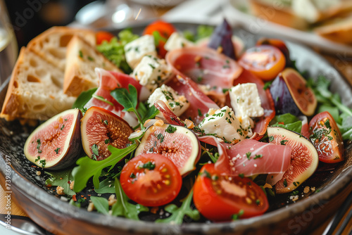 Mixed salad with figs tomatoes sheep cheese griss. photo