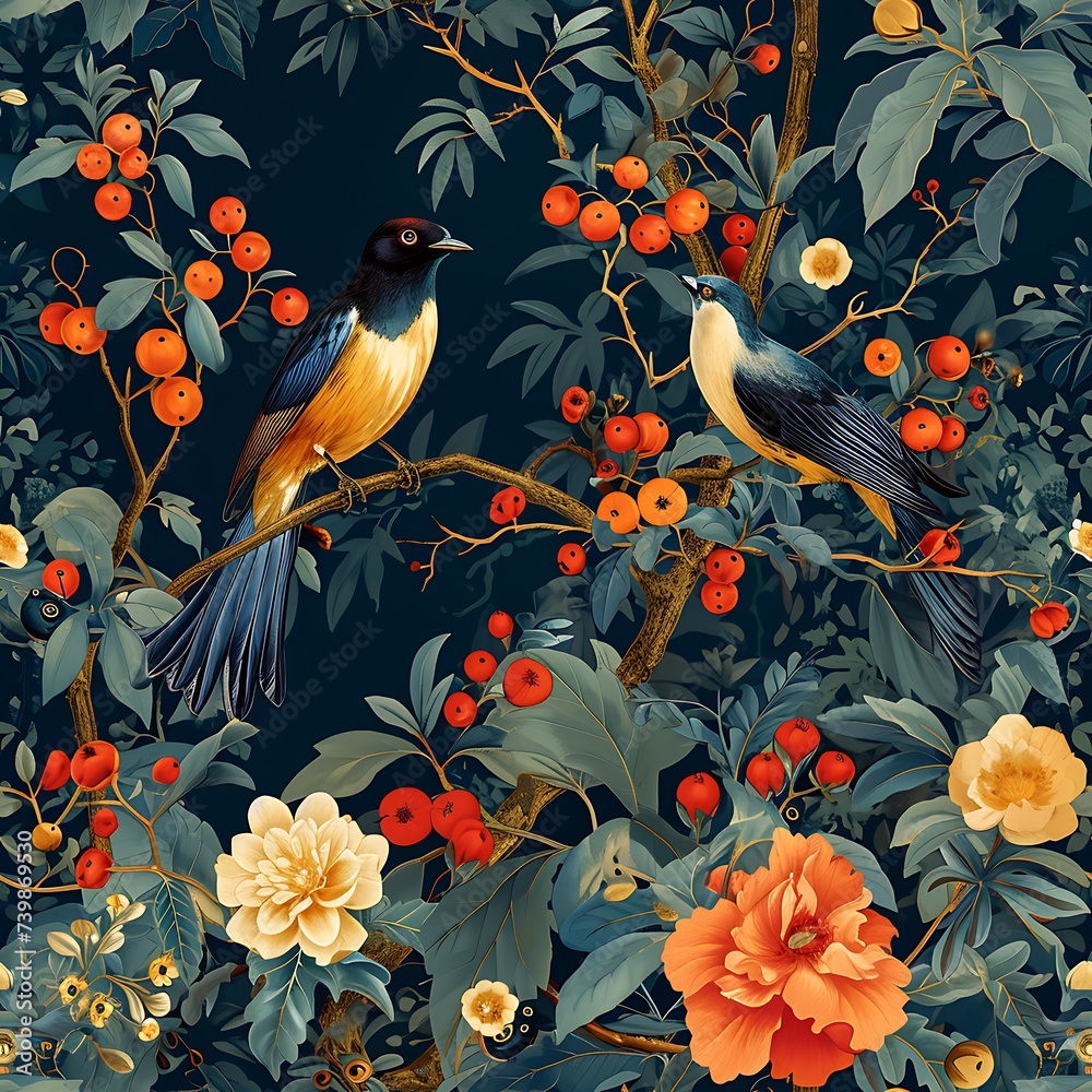 Chinoiseries style illustration with bird and flower with tree on dark blue background
