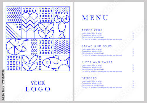 Seafood menu template. Fish restaurant design template. Vector illustration. Sample design. Brand style vector illustration. Vector menu brochure template for cafe, restaurant, bar.