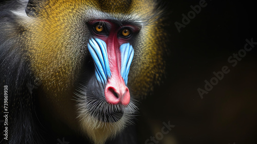 Banner of a mandrill on blured nature background, with empty copy space 