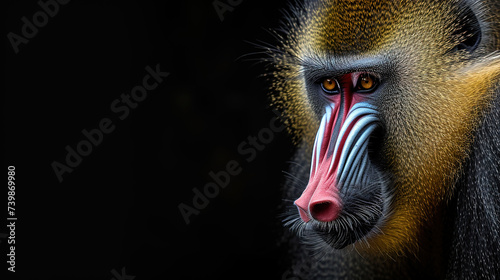Banner of a mandrill on blured nature background, with empty copy space	
 photo