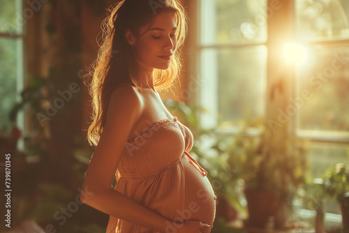 Pregnant woman touching belly on sunny day at home
