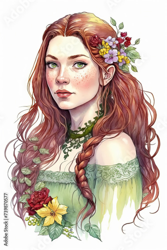 watercolor portrait of a girl with green eyes and flowers in her hair