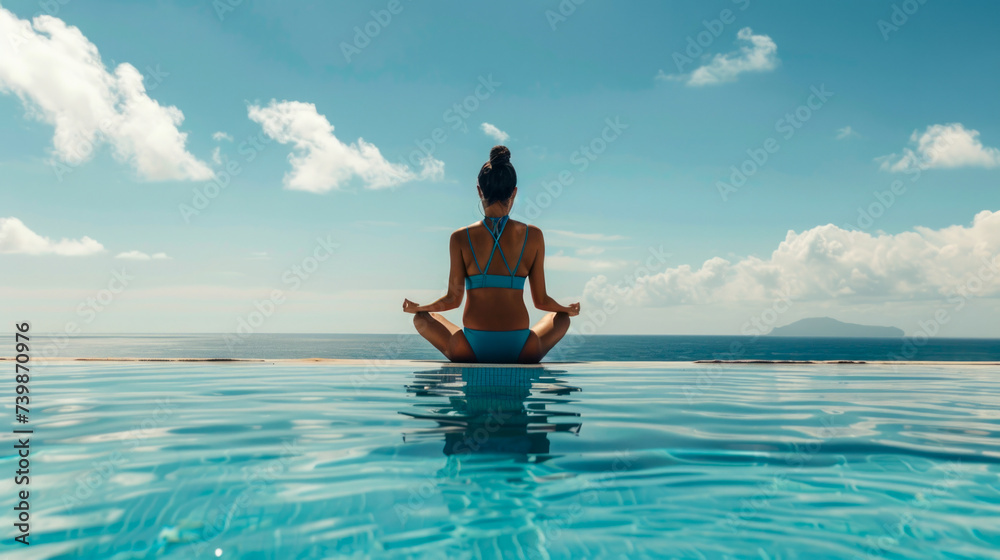 Woman Meditating in Lotus Position by Infinity Pool Overlooking the Sea