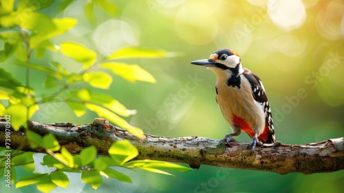 Great Spotted Woodpecker Perched on a Tree Branch in Lush Green Foliage © romanets_v