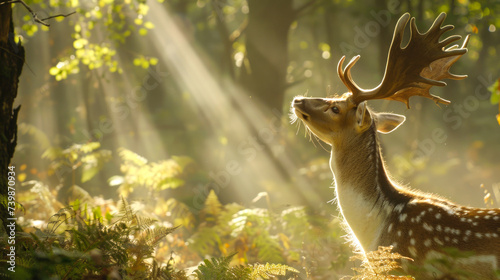 Majestic Stag in a Misty Forest with Rays of Sunlight Filtering Through Trees