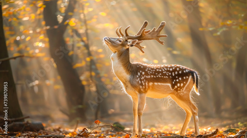 Majestic Stag in a Misty Forest with Rays of Sunlight Filtering Through Trees