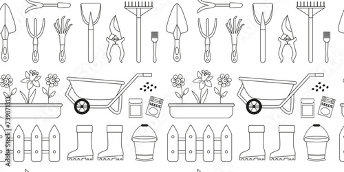 Spring gardening seamless pattern. Outdoor farming works. Garden tools and gear, bucket, wheelbarrow, seeds, plants in pots, boots. Line art. Coloring page. Background, digital paper.